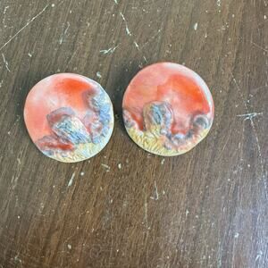 Vintage handmade coral pink blue gold round‎ clay earrings for pierced ears